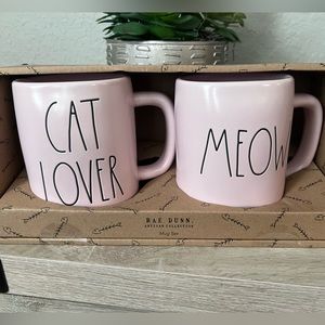 NEW Light Pink Rae Dunn Cat Lover & Meow Mug Set